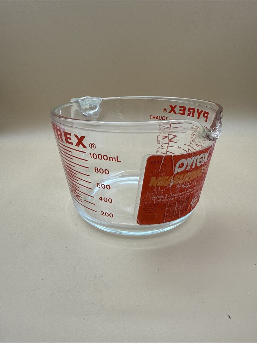 Vintage PYREX HANDLE 4-Cup 1-Quart Red Lettering Glass Measuring Cup 1 Liter 535